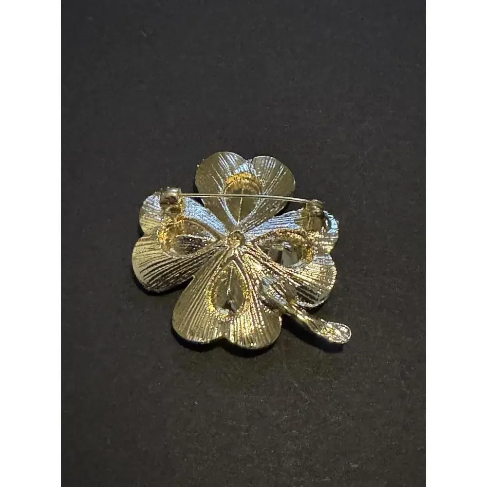 Vintage Green Crystal Four-Leaf Clover Brooch
